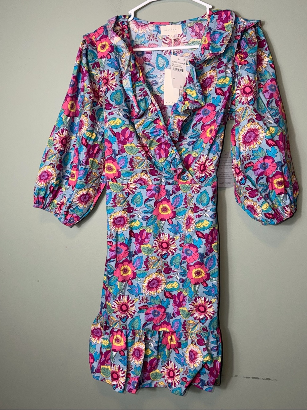 Melloday Women’s NEW Floral Faux Wrap Dress with Ruffle Collar Blue Multi Large